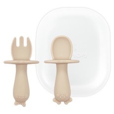 유비맘 자기주도 실리콘 이유식 스푼 + 포크 케이스 세트, 초코찰떡 초코, 1세트