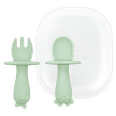 유비맘 자기주도 실리콘 이유식 스푼 + 포크 케이스 세트, 쑥떡 민트, 1세트