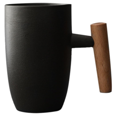 陶瓷木柄馬克杯 450ML 贈湯匙+杯蓋, 黑色, 1個