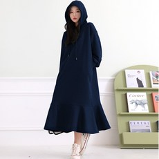 TURNKEY 女款大尺碼寬鬆版型連帽荷葉邊刷毛長版連身裙 OPS-2837, 海軍藍