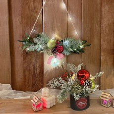 樂福莉農場 聖誕裝飾 掛飾 + 中心裝飾品 + 木屋LED燈 套組, 1套, 紅色混搭