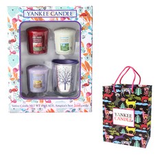 YANKee CANDLe 芳香蠟燭禮盒組 蠟燭款式隨機x3+紫色樹木蠟杯+禮盒+購物袋, 隨機出貨, 混色​