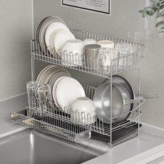 LALABAM 全不鏽鋼自動排水超薄迷你碗盤瀝水架組, 不鏽鋼, 1套, 2層