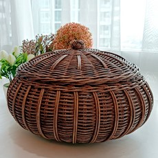 Rattan Shop 圓形帶蓋收納藤編籃 J073HL, 棕色, 1個
