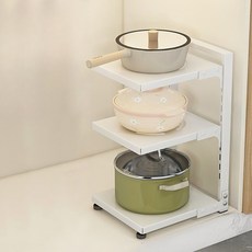 高度可調式平底鍋收納架, 白色, 1個, 3層