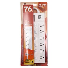 FONG HUA 崶華 按壓式7開6插延長用電源線組 3孔 PT76-9, 2.7m, 白色, 1條