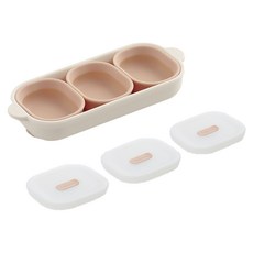 Tackaon 123 兒童矽膠配料碗3入 + 單格餐盤組 配料碗(米色粉紅) 餐盤(象牙白), 1組, 澆頭球 3p + 盤子, 米粉色(盛菜碗)、象牙色(盤子)