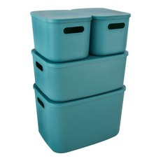FAmILyLIFE 生活 可疊加提式撞色系 收納盒 附蓋, 湖水綠, 4個