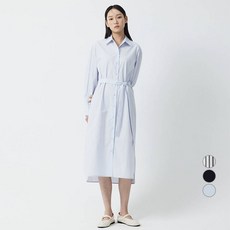 JAJU (JAJU) 女士府綢長袖襯衫棉質長版連身裙, 天空藍