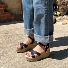 女款交叉線條楔型涼鞋 6.7cm, 黑色, 250