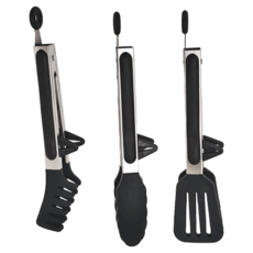 耐熱矽膠食物夾 Set 可立 3入/組 食品級矽膠+430不鏽鋼 耐熱230°C, 黑色, 1組