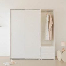 퍼리든 엘릭코 슬라이딩 옷장 행거형 1200 + 행거 서랍형 600 세트 방문설치, 화이트