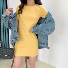 PEONIST 女款短袖迷你平紋針織連身裙, 黃色