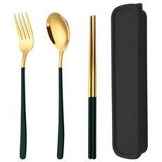 拼色餐具組 3入, 墨綠色, 湯匙+筷子+叉子+收納盒