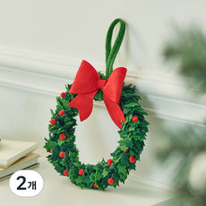 크리스마스 조화 펠트 잎사귀 리본 리스 현관 벽 장식, 그린, 2개