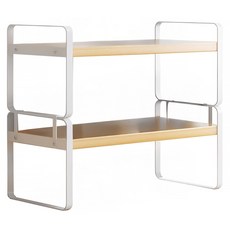 品屋 雙層桌面置物架, 白架 + 原木色, 1個