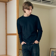 BASIC HOUSE 男女通用 針織感圓領長袖T恤 LZTS6105, 黑色
