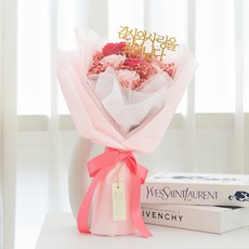 아스파시아 비누꽃 샤르망 장미 생화 프리저브드 안개 꽃다발 + 메시지픽 + 쇼핑백 세트, 핑크(꽃다발), 1개