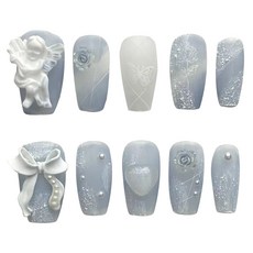 Henekeu天空藍石膏天使珍珠蝴蝶玫瑰愛心手工美甲片組 短, 1套, 小號