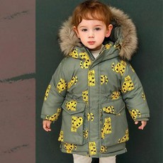 milk mile 童款可愛獵豹圖案絨毛邊連帽保暖鋪綿長版外套