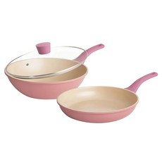 Queen Chef CREAM 韓國厚釜鑄造米陶瓷不沾鍋, 炒鍋 + 平底鍋 + 蓋, 粉色, 1組