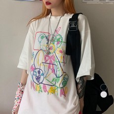 ViVEMO 女款日常寬鬆圓領塗鴉印花可愛短袖T恤 00200