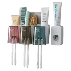 Serentic 3人用牙刷架 + 3p杯子 + 牙膏擠壓器套組, 隨機顏色, 1套