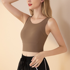 工字美背高強度瑜伽背心, 78% 錦綸 22% 氨綸, 固定胸墊設計, XL, 可可色