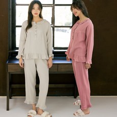 테라우드 여성용 통기성 거즈순면 긴팔 잠옷 상하세트