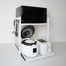 엠디유마켓 프리미엄 슬라이딩 높이 조절 밥솥 전자레인지 선반 2단 + 후크걸이 6p 세트, 화이트, 1세트