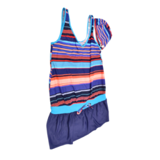 Summer love 夏之戀 大女連身裙二件式 連身裙+四角褲+泳帽 活動式罩杯, 3L, 條紋