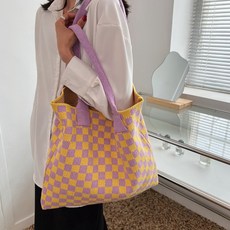 말랑젤리 여성용 체크 드로잉 니트 에코백