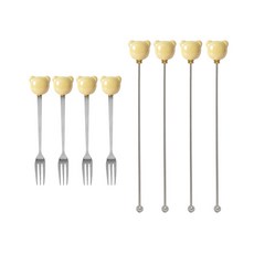 라임올리브 곰돌이 펄 티포크 4p + 머들러 4p 세트, 옐로우, 1세트