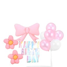 PARTYSHOW 可愛蝴蝶結霧面雛菊粉色鐳射拉旗氣球插牌組, 1套, 珠光粉紅白