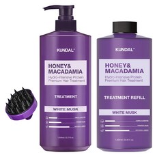 쿤달 허니 앤드 마카다미아 헤어 트리트먼트 화이트머스크향 1058ml + 리필 1000ml + 샴푸 브러쉬, 1세트