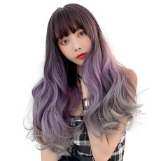하이유니 네츄럴 웨이브 애쉬 롱 헤어 통가발 65cm + 가발망 + 거치대 세트, 챠콜애쉬퍼플, 1개