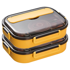 Mega 莫蘭迪新色 304不鏽鋼五格便當盒 附餐具 + 湯碗 小5格, 黃色, 2個