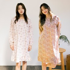 테라우드 여성용 순면 긴팔 파자마 원피스 2p