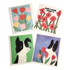 Popo 花朵與邊境牧羊犬纖維素藝術抹布4件組 1, 4個