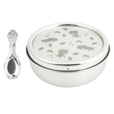 KOM 316不鏽鋼兒童隔熱碗附匙, 恐龍 不鏽鋼色, 11.5 x 5.8 cm, 1組