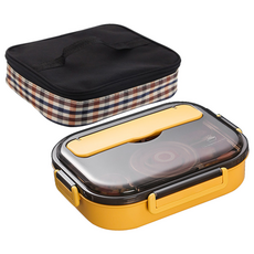 Mega 莫蘭迪304不鏽鋼五格便當盒 Set, 黃色, 附餐具 + 湯碗 + 便當袋, 1組