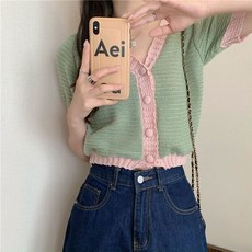 PEONIST 女款V領大鈕扣短袖針織開襟衫