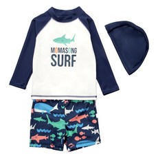 momasong 男童分體泳衣 深藍字母鯊魚長袖上衣 + 泳褲有綁帶 + 帽