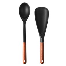 코멧 키친 우드 핸들 실리콘 조리도구 2종 세트, 블랙, 1세트, 볶음 스푼 + 멀티 스푼