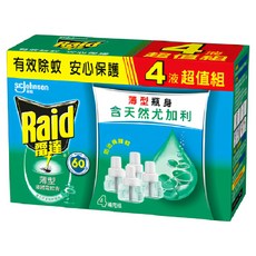 Raid 雷達 超智慧薄型液體電蚊香補充瓶 尤加利 4入組，含Etoc除蚊配方，有效驅蚊，清新自然, 164ml, 1盒