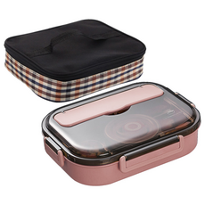 Mega 莫蘭迪304不鏽鋼五格便當盒 大款 保溫便當盒 適合大人, 粉色, 餐具 + 湯碗 + 便當袋, 1組