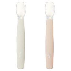 Tgm 白金矽膠餵食湯匙 2入, 寶寶副食品湯匙, 附專用收納盒, 外出好方便, 草莓粉+奶油灰, 1組