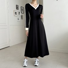 ViVEMO 修身線條V領長袖長版連身裙 04859 含大尺碼, 黑色