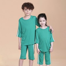 bonumam 孩童兩件式素色側邊條紋7分袖睡衣褲組
