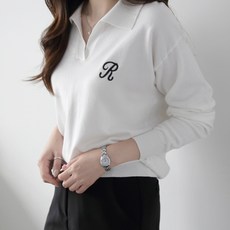 女款R字圖案有領長袖針織衫 n2032